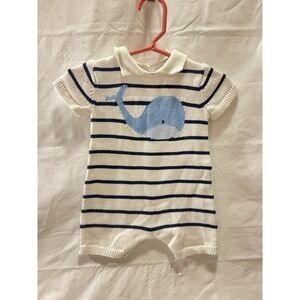 Tahari Baby Knit Sweater Romper 0/3 Months Navy Striped w/Whale Nantucket Summer